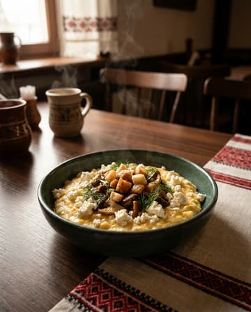 Banosch, Maisgrieß in Sahne aus den Karpaten, ukrainisches Gericht, Restaurant „Smachno u Yany“ im Galeria Kaufhof Köln