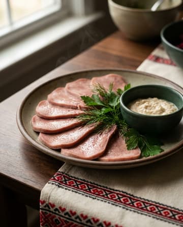 Zarte Rinderzunge, ukrainisches Gericht, Restaurant „Smachno u Yany“ im Galeria Kaufhof Köln