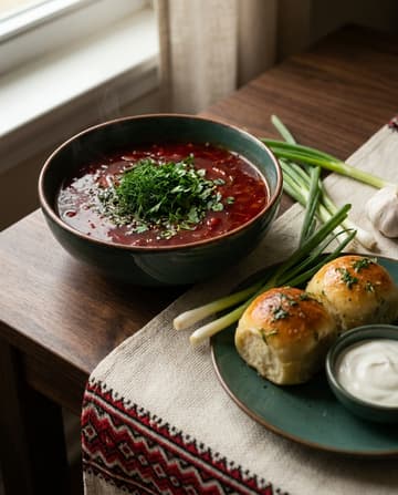 Hausgemachter Borschtsch mit Schweinerippchen, ukrainisches Gericht, Restaurant „Smachno u Yany“ im Galeria Kaufhof Köln