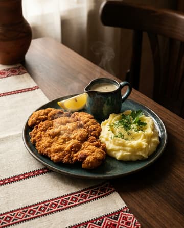 Knuspriges Hähnchenschnitzel, ukrainisches Gericht, Restaurant „Smachno u Yany“ im Galeria Kaufhof Köln