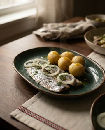 Hering mit Zwiebeln, ukrainisches Gericht, Restaurant „Smachno u Yany“ im Galeria Kaufhof Köln