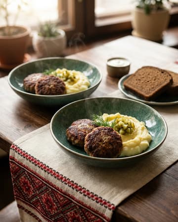 Hausgemachte Frikadelle, ukrainisches Gericht, Restaurant „Smachno u Yany“ im Galeria Kaufhof Köln