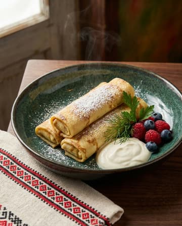 Mlynzi, Pfannkuchen mit Quark, ukrainisches Gericht, Restaurant „Smachno u Yany“ im Galeria Kaufhof Köln