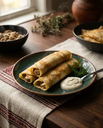 Mlynzi, Pfannkuchen mit Hähnchen und Pilzen, ukrainisches Gericht, Restaurant „Smachno u Yany“ im Galeria Kaufhof Köln