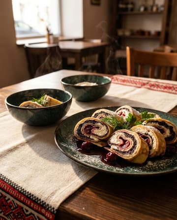 Mlynzi, Pfannkuchen „Mix“ (Quark, Mohn und Sauerkirsche), ukrainisches Gericht, Restaurant „Smachno u Yany“ im Galeria Kaufhof Köln