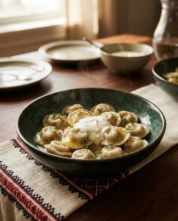 Pelmeni, Fleischteigtaschen mit Hähnchen (15 Stück), ukrainisches Gericht, Restaurant „Smachno u Yany“ im Galeria Kaufhof Köln