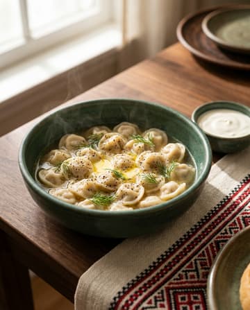 Pelmeni, Fleischteigtaschen mit Schwein (15 Stück), ukrainisches Gericht, Restaurant „Smachno u Yany“ im Galeria Kaufhof Köln