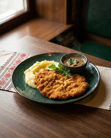 Knuspriges Schweineschnitzel, ukrainisches Gericht, Restaurant „Smachno u Yany“ im Galeria Kaufhof Köln