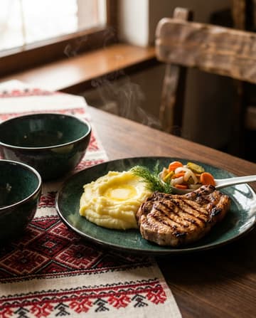 Saftiges Schweinesteak, ukrainisches Gericht, Restaurant „Smachno u Yany“ im Galeria Kaufhof Köln