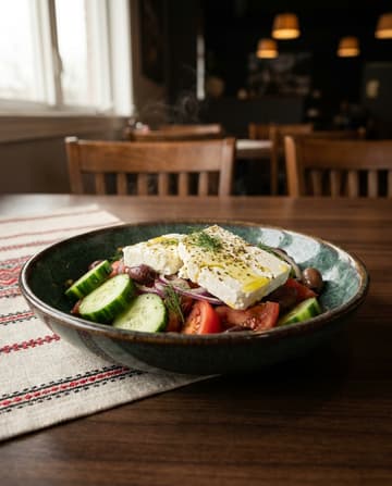 Griechischer Salat, ukrainisches Gericht, Restaurant „Smachno u Yany“ im Galeria Kaufhof Köln