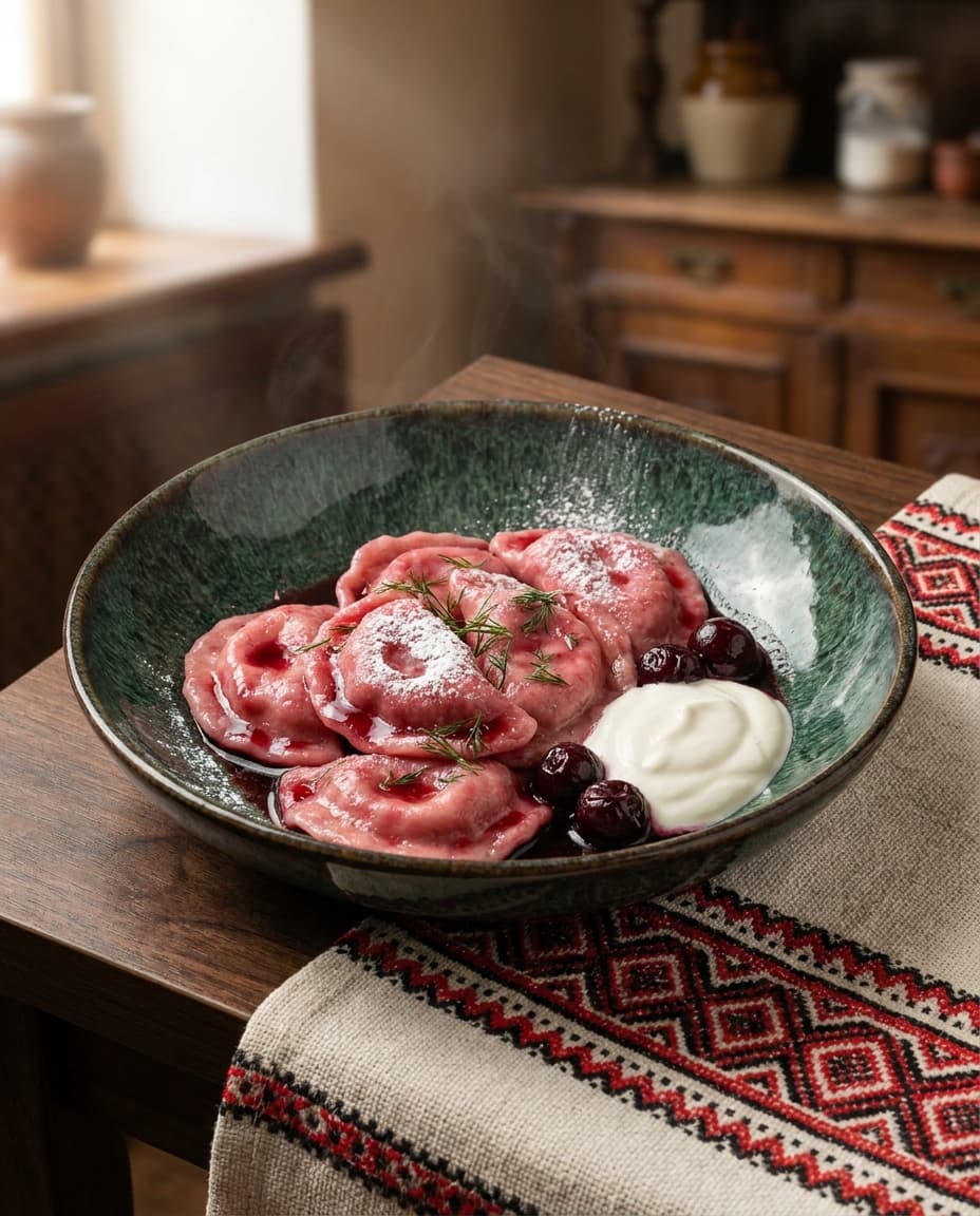Warenyky, Teigtaschen mit Sauerkirsche, ukrainisches Gericht, Restaurant „Smachno u Yany“ im Galeria Kaufhof Köln