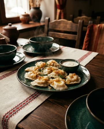 Warenyky, Teigtaschen mit Sauerkraut, ukrainisches Gericht, Restaurant „Smachno u Yany“ im Galeria Kaufhof Köln