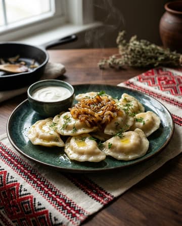 Warenyky, Teigtaschen mit Sauerkraut und Pilzen, ukrainisches Gericht, Restaurant „Smachno u Yany“ im Galeria Kaufhof Köln