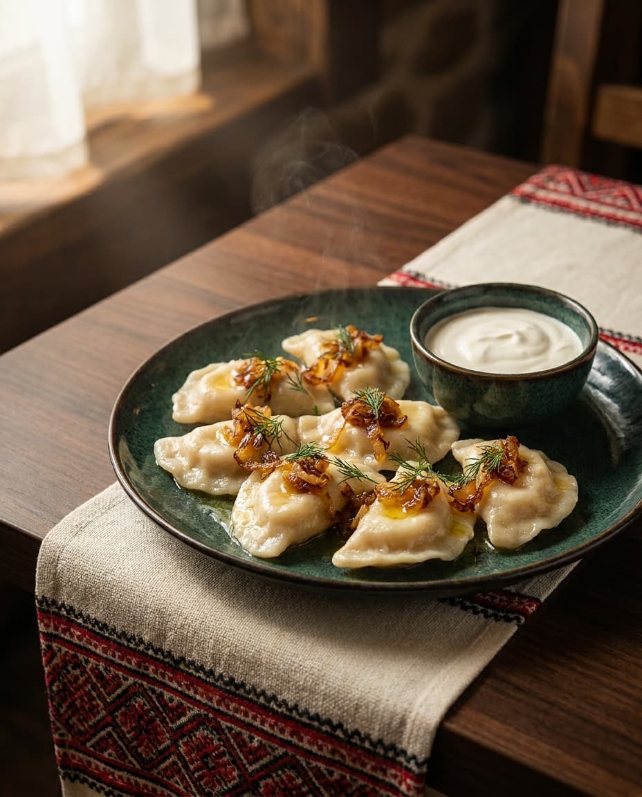 Warenyky, Teigtaschen mit Kartoffel, ukrainisches Gericht, Restaurant „Smachno u Yany“ im Galeria Kaufhof Köln