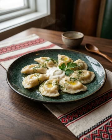 Warenyky, Teigtaschen mit Salzquark, ukrainisches Gericht, Restaurant „Smachno u Yany“ im Galeria Kaufhof Köln